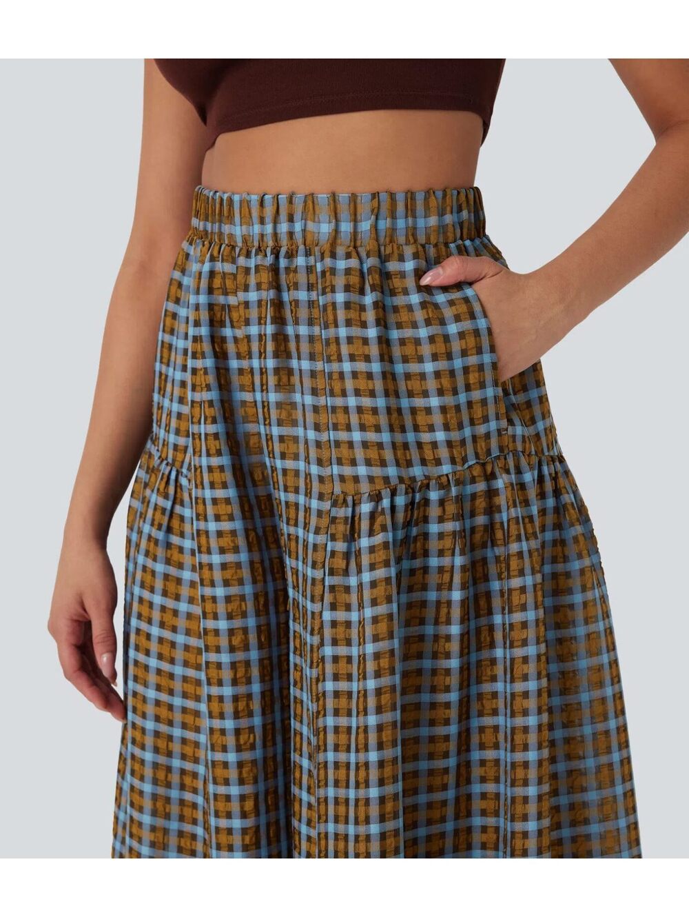 Halara High Waisted Pocket Wide Leg Flowy Plaid Casual Pants Blue Brown Size L - Picture 8 of 9